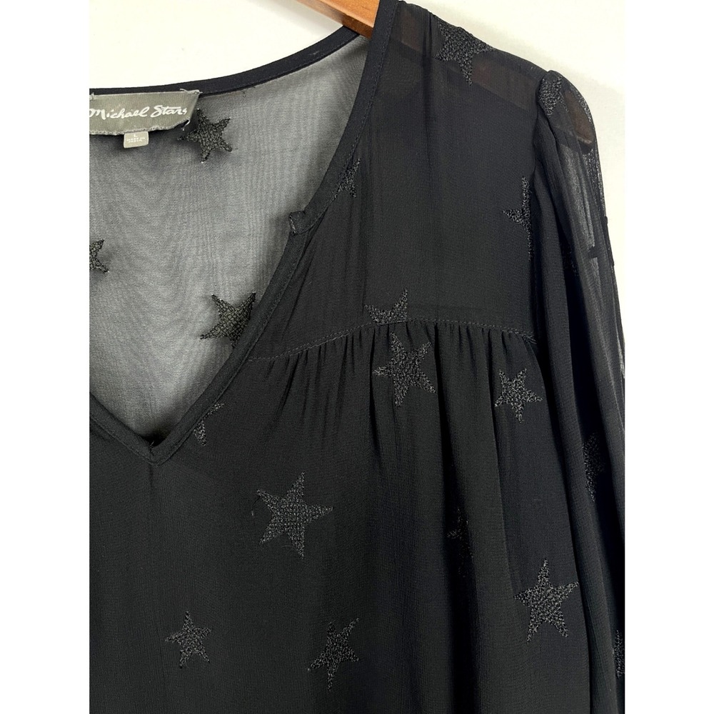 Michael Stars  Embroidered V-Neck Bell Sleeve Top L Black Boho Whimsigoth Witchy - Picture 6 of 12
